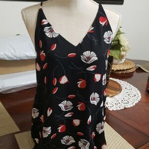 Black Floral V-Neck Slip Tank with Red & White Blooms